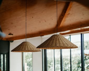 Woven Rattan Cone Pendant Light, Boho Kitchen Island Lighting