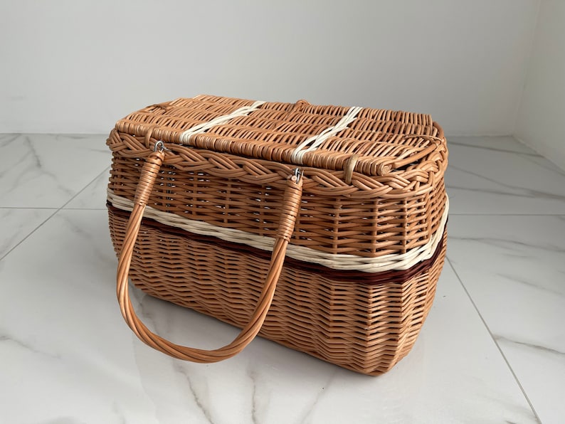 Picnic basket, Picnic Wicker Basket, Wicker Market Shopping, Picnic Basket, Handmade, Three Color Basket with One Top Handle Medium Size image 9