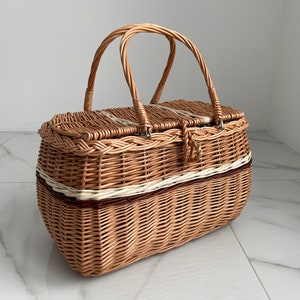 Picnic basket, Picnic Wicker Basket, Wicker Market Shopping, Picnic Basket, Handmade, Three Color Basket with One Top Handle Medium Size image 1