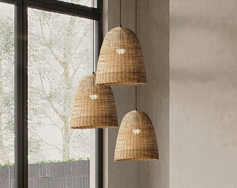 Rattan Hängelampe, Korb Lampenschirm, Boho Decor