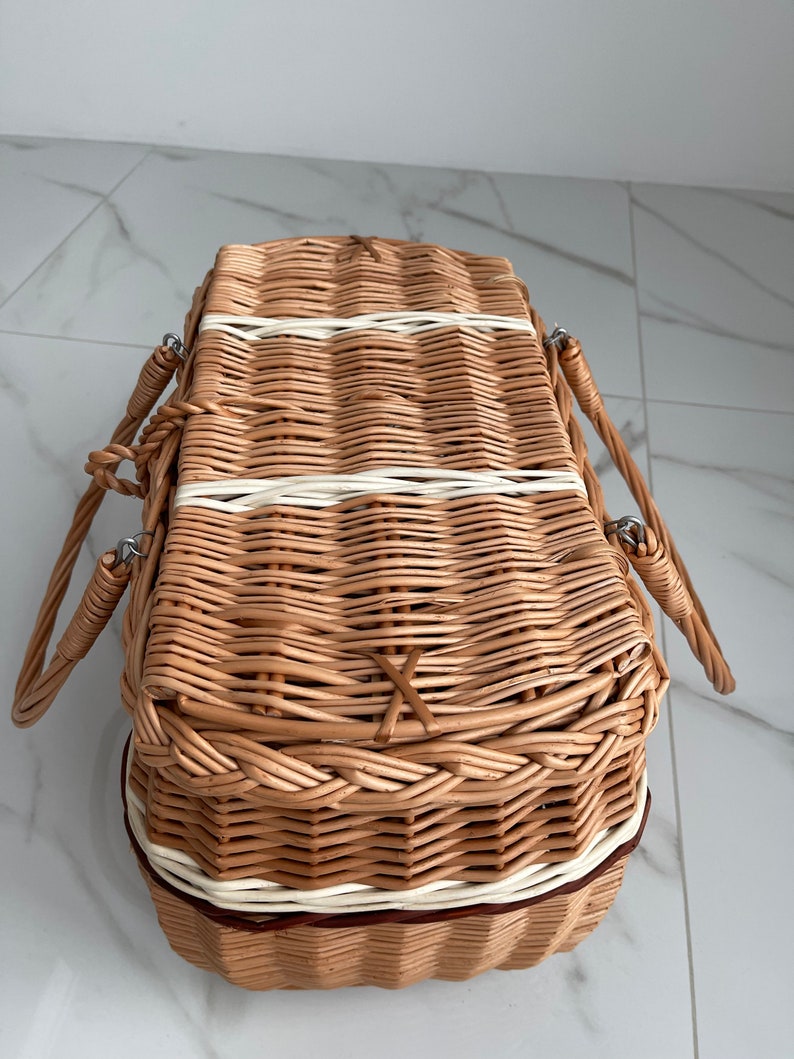 Picnic basket, Picnic Wicker Basket, Wicker Market Shopping, Picnic Basket, Handmade, Three Color Basket with One Top Handle Medium Size image 7