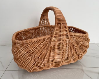 Handmade Willow Basket, Woven Wicker Basket, Gathering Basket, Woven Picnic Basket, Rectangular Basket, Grocery Wicker Basket with Handle