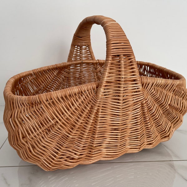 Handmade Willow Basket, Woven Wicker Basket, Gathering Basket, Woven Picnic Basket, Rectangular Basket, Grocery Wicker Basket with Handle