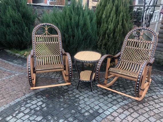 Handwoven Wicker Rocking Chair Set with Coffee Table