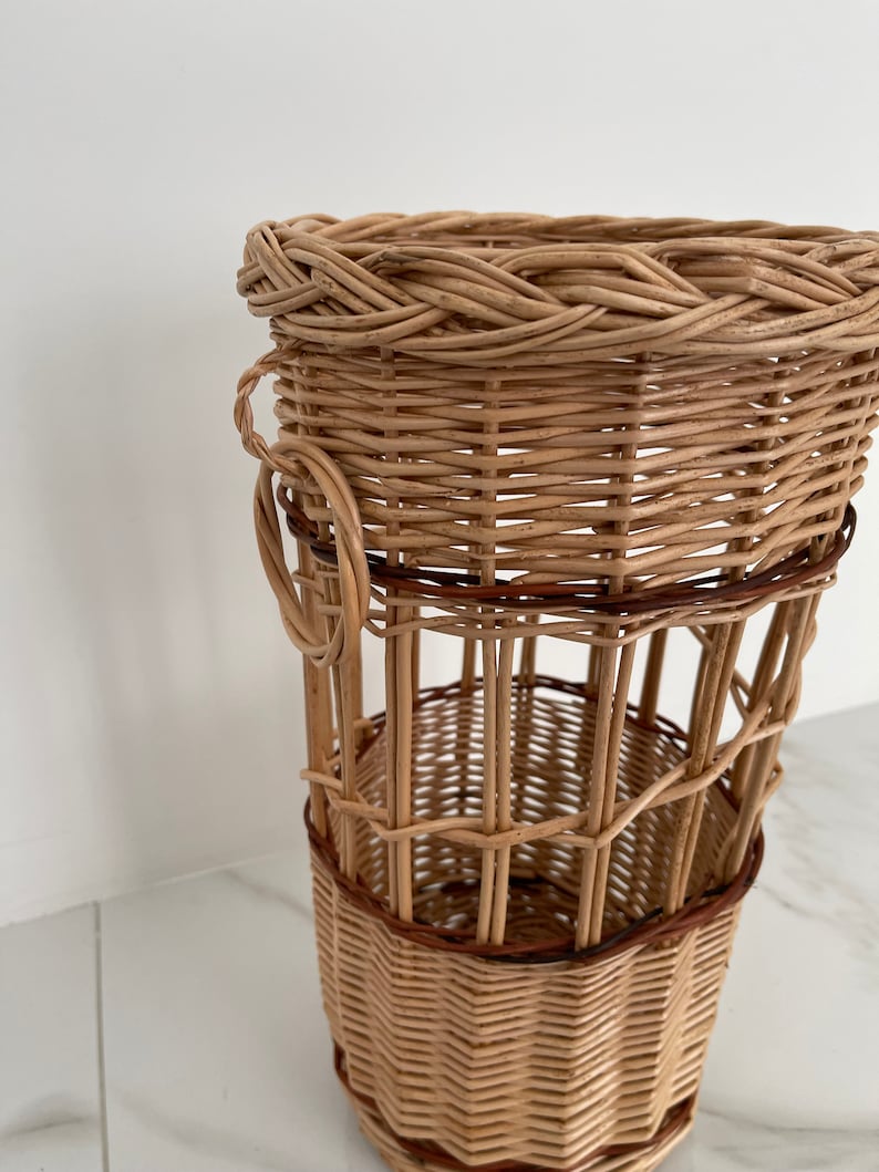 Pu&ograve; includere: Un cesto intrecciato in vimini con un bordo marrone e un manico. Il cesto &egrave; fatto di materiali naturali e ha un aspetto rustico.