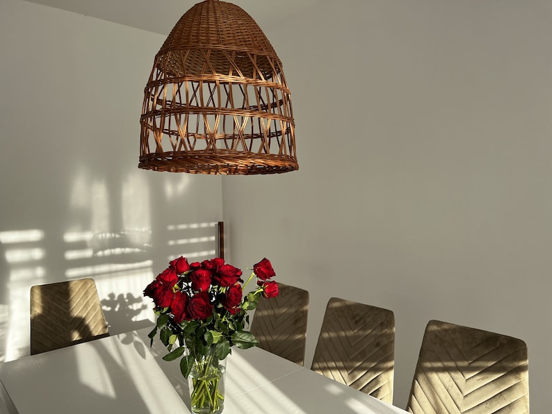 May include: A white table with a wicker pendant light hanging above it. A bouquet of red roses in a clear glass vase sits on the table. There are six brown velvet chairs around the table.