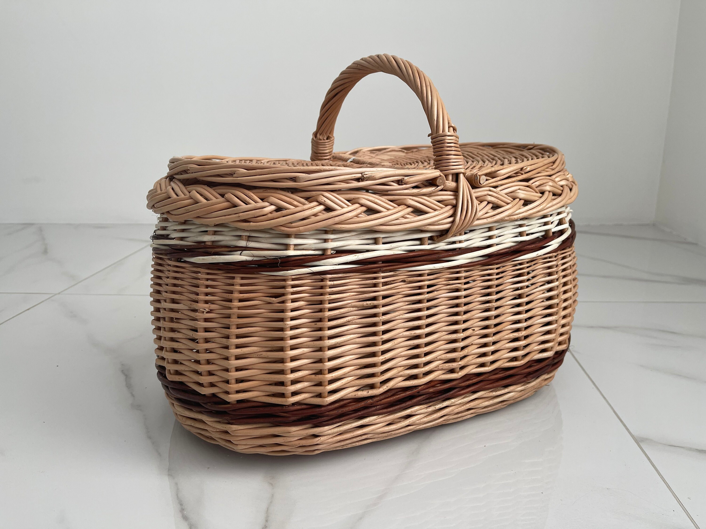 Cestino Da Picnic In Vimini Vintage Marrone - 26x18x14 Cm Con Coperchio