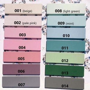 Op de afbeelding: Een kleurenkaart met 14 verschillende verfkleuren. De kleuren zijn gerangschikt in twee kolommen, met de nummers 001 tot en met 007 links en 008 tot en met 014 rechts. De kleuren omvatten beige, lichtroze, lichtgroen, mint en grijs.