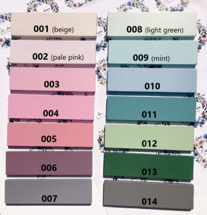Op de afbeelding: Een kleurenkaart met 14 verschillende verfkleuren. De kleuren zijn gerangschikt in twee kolommen, met de nummers 001 tot en met 007 links en 008 tot en met 014 rechts. De kleuren omvatten beige, lichtroze, lichtgroen, mint en grijs.