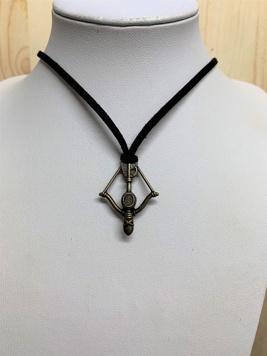 Bronze Bow and Arrow Pendant on Black Faux Suede Necklace, Handmade