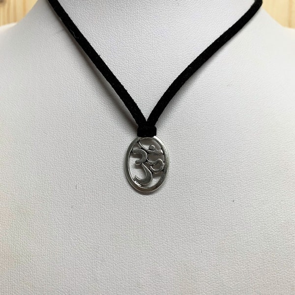 Silver Om Pendant on a Faux Suede Necklace, Charm, Jewelry, Spiritual, Yoga, Boho, Hippie, Zen, Buddhist, Ohm,