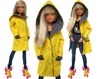 May include: Three yellow raincoats with gray hoods and black buttons. The raincoats are worn by three dolls with blonde hair and blue jeans. The dolls are wearing pink roller skates with yellow wheels.