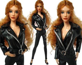 Handmade Leather Biker Jacket: Clothes for 12-inch Dolls