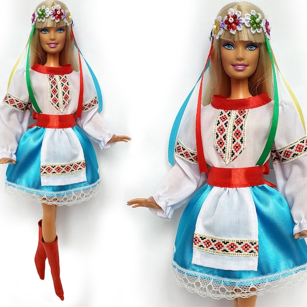 Ensemble de vêtements pour poupée - chemisier, jupe, tablier, diadème et chaussures pour poupée 11,5 pouces, tenue de poupée, poupée fantaisie, costume traditionnel ukrainien