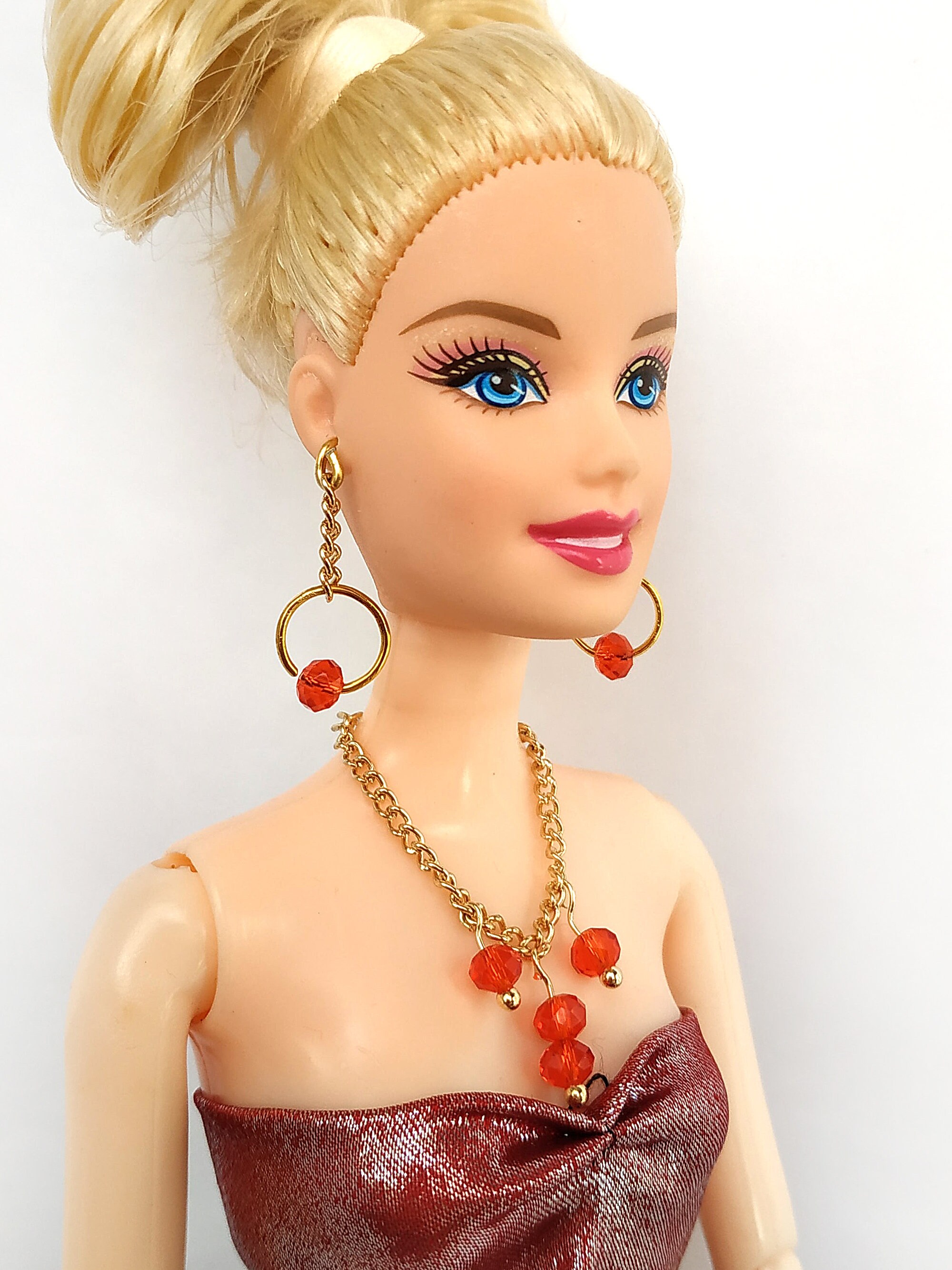 Barbie Doll Vintage Handmade Yellow Stone Necklace Earrings Jewelry Set NE102125