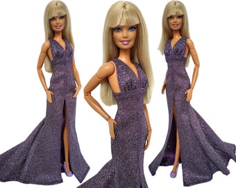 May include: Three dolls wearing shimmering purple gowns with a high slit and a flowing train. The dolls have blonde hair and are wearing matching purple heels. The dresses have a plunging neckline.