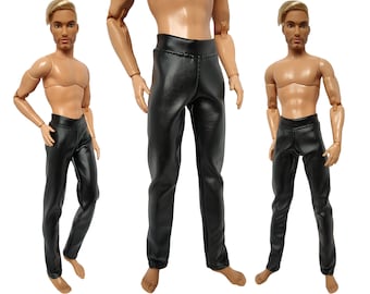 May include: Black leather pants for a fashion doll. The pants have a slim fit and a straight leg.