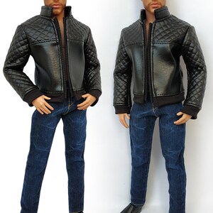 May include: A black quilted leather jacket with a zipper closure and a pair of blue denim jeans.