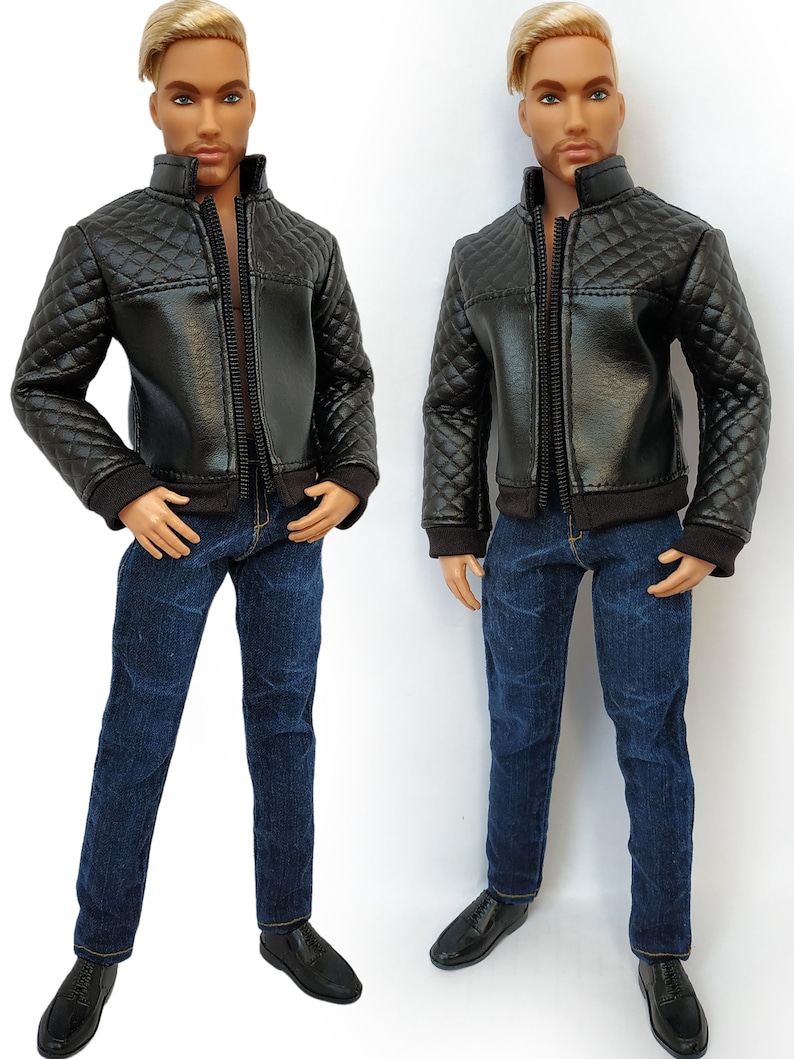 May include: A black quilted leather jacket with a zipper closure and a pair of blue denim jeans.