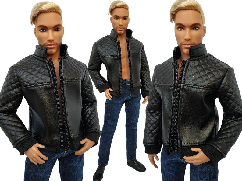 May include: Black quilted leather jacket with a zipper closure. The jacket has a stand-up collar and ribbed cuffs. The model is wearing blue jeans.