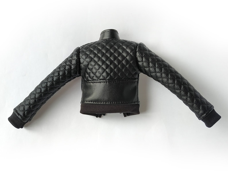 May include: Black quilted leather jacket with a zipper closure and ribbed cuffs.