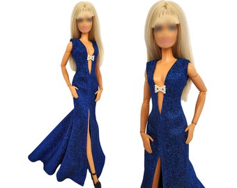 Handmade Doll Evening Dress: Blue Gown with Train, Fits 11.5 inch Dolls