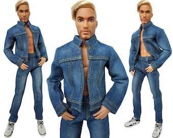 Handgemaakte denim poppenkleertjes: jasje en broek voor pop van 12 inch, spijkerbroek