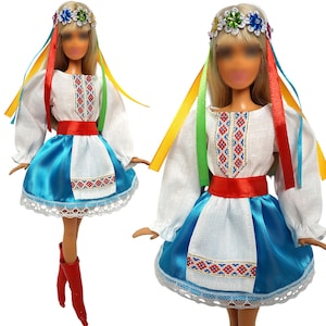 Puppen Kleidung Set - Bluse, Rock, Schürze, Diadem und Schuhe für Puppe 30 cm, Puppenoutfit, Modepuppe Trachtenmode