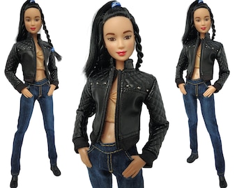 Handmade Doll Clothes: Leather Jacket & Denim Jeans for 11.5 inch Doll