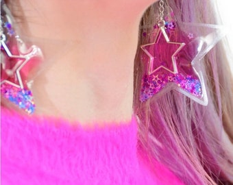 Liquid Glitter Star Earrings - You Go Girl Electric Bubblegum (pair)