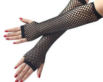 Pair of Womens Elastic Wrist Fishnet Style Finger Gloves Black D1F1 