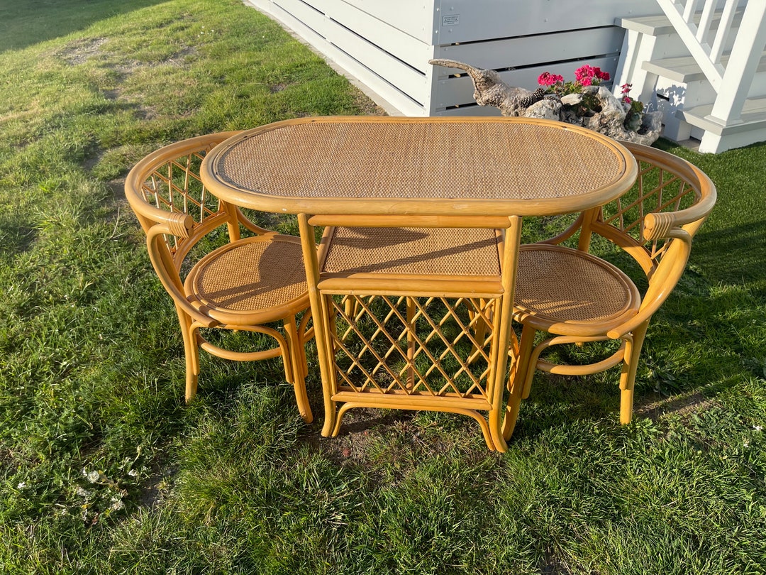 Compact Bamboo Cane Bistro Table and Chairs Dining Set Mid Etsy UK