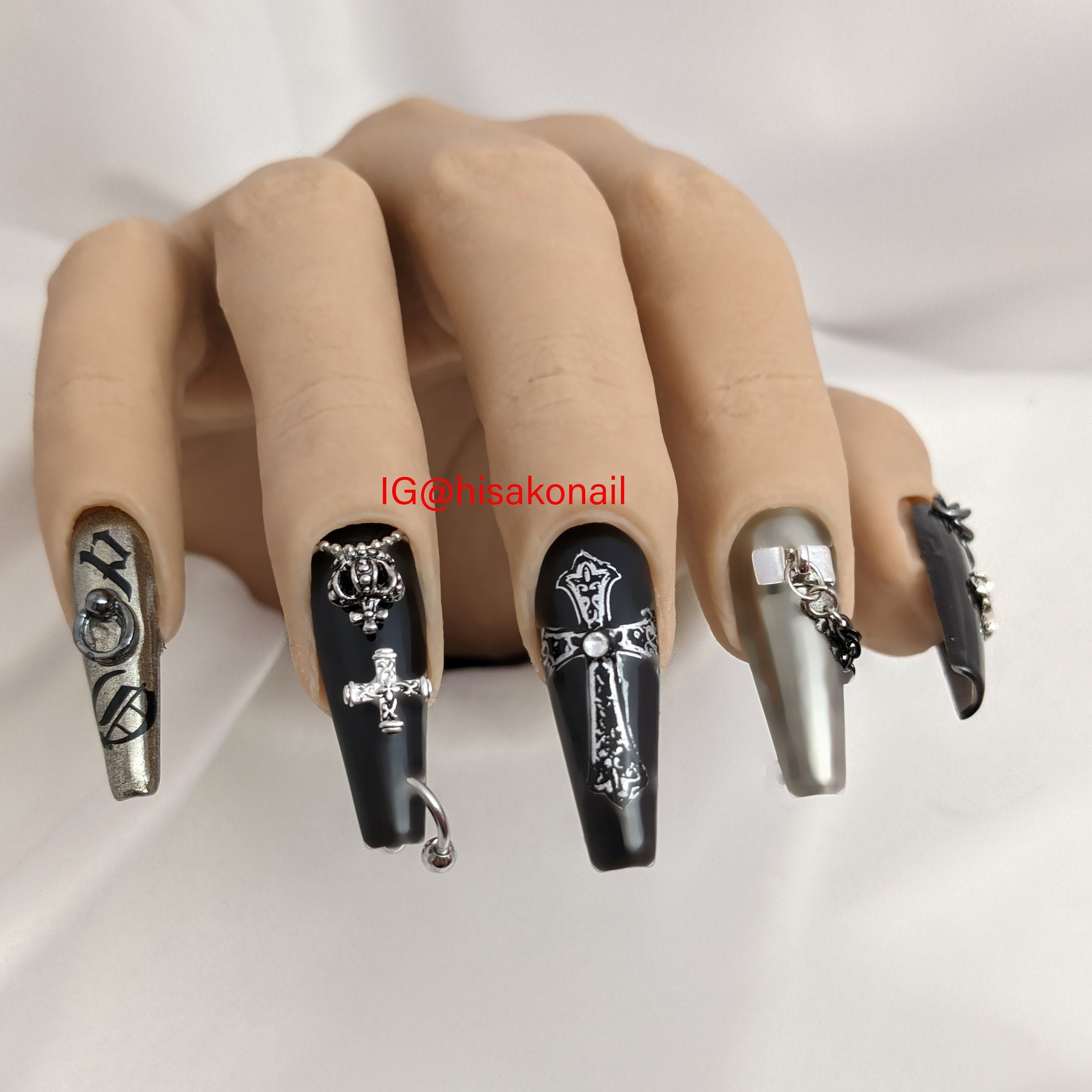 Espejo plateado y negro / Press On Nails / Uñas góticas / - Etsy España