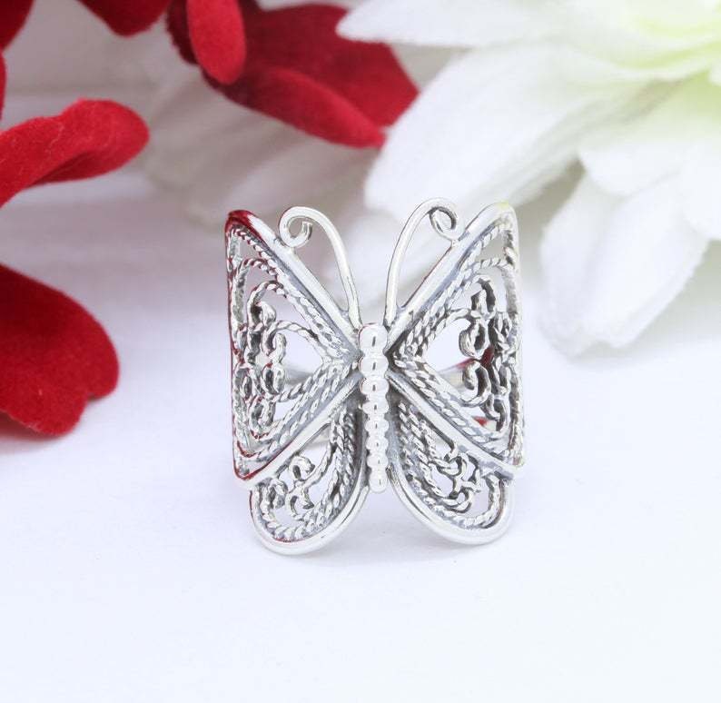 925 Sterling Silver Handmade Artisan Crafted Filigree Wrap Around Butterfly Monarch Ring Women Jewelry Gifts Boxed Silver Butterfly Ring Sieraden Ringen Statementringen 