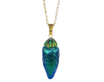 Handmade beetle pendant made from real beetle Polybothris sumptuosa gemma resin filled, The sapphire gem of Madagascar