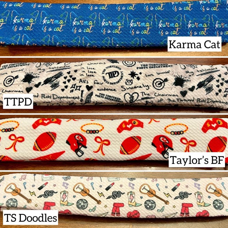 May include: Four fabric swatches with different patterns. The top swatch is blue with white text that says "Karma Cat is a cat". The second swatch is beige with black text and drawings. The third swatch is white with red and gold football helmets and footballs. The bottom swatch is white with a musical note pattern, a snake, a cowboy boot, and a disco ball.
