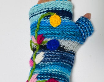 Handknitted Himalayan Gloves/ Fingerless Gloves with Fleece Lining for Extra Comfort and Warmth