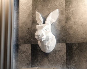 Väggmonterad kaninhuvud låg poly geometrisk, Hare väggkonst