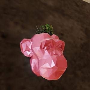 May include: A pink geometric monkey head planter with a small succulent plant growing inside. The planter is mounted on a brown wall.