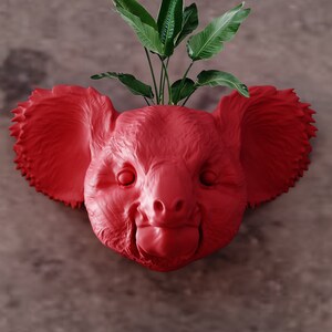May include: A red koala-shaped planter with a green plant growing out of the top. The planter is made of ceramic and has a realistic koala face.