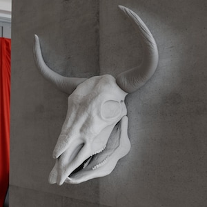 May include: White plaster bull skull with horns mounted on a grey wall. The skull is facing the right side of the image.