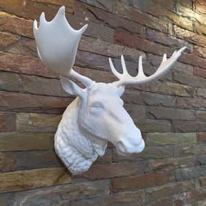 Könnte beinhalten: Eine weiße Elchkopf-Wandskulptur mit detailliertem Geweih und strukturierter Oberfläche. Die Skulptur ist an einer mehrfarbigen Steinmauer angebracht und schafft eine rustikale und natürliche Ästhetik. Dieses dekorative Stück verleiht jedem Interieur einen Hauch von Wildnis.