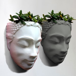 Puede incluir: Dos macetas de pared de cerámica blanca con forma de rostro humano con los ojos cerrados. Las macetas están decoradas con un patrón en relieve alrededor de la línea del cabello y tienen una planta verde que crece en la parte superior.