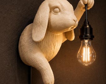 Rabbit Wall Sconce, Bunny Animal Lamp, Sculptural Edison Bulb Pendant Light, Whimsical Nursery Kids Room Decor, Housewarming Gift