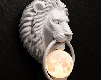Lion Head Wall Sconce, Mystical Moon Sphere Lamp, Cosmic Night Light, Maximalist Dark Academia Home Decor, Unique Housewarming Gift