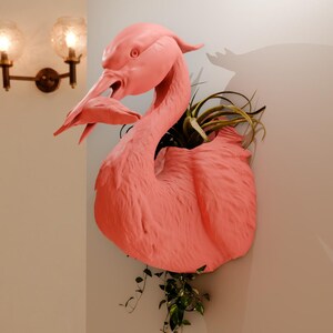 May include: A pink flamingo sculpture with a plant growing out of its head, mounted on a white wall.