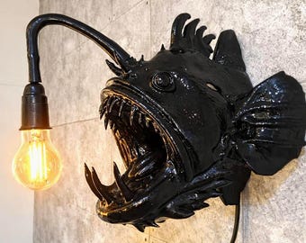 Angler fish Head Wall Lamp with Lamp in Mouth, unique Wall Decoration, Modern Interior animal Decoration
