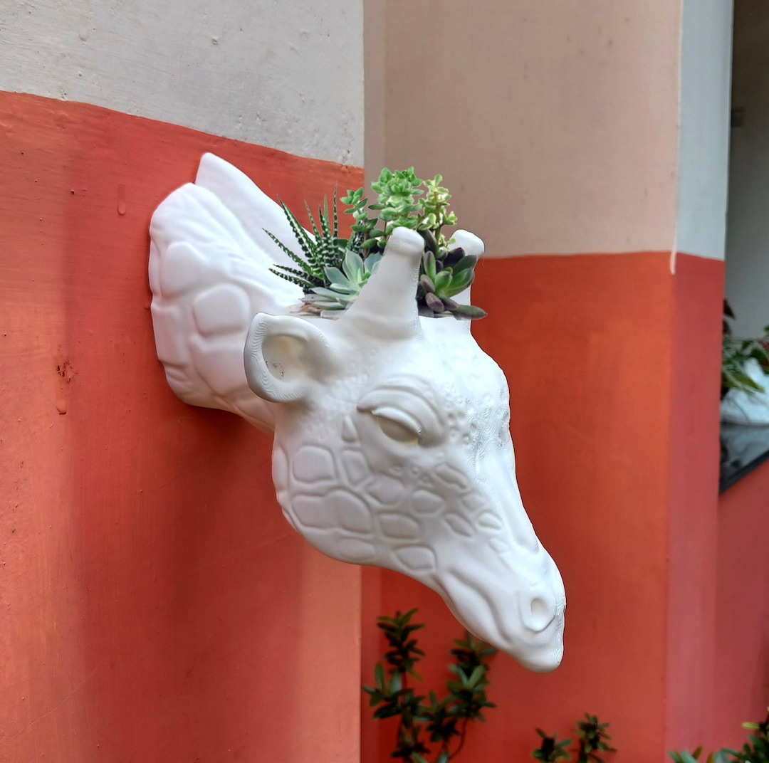 Giraffe Head Wall Planter, White Faux Taxidermy, Animal Head Vase