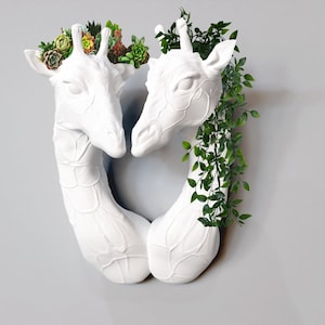 May include: Two white ceramic giraffe head planters with green plants growing out of the top. The giraffes are facing each other and their necks are intertwined.