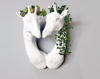 Giraffe twin head wall mount planter, pot, valentines gift, white faux taxidermy, animal head wall mount, art, flower vase, home decor